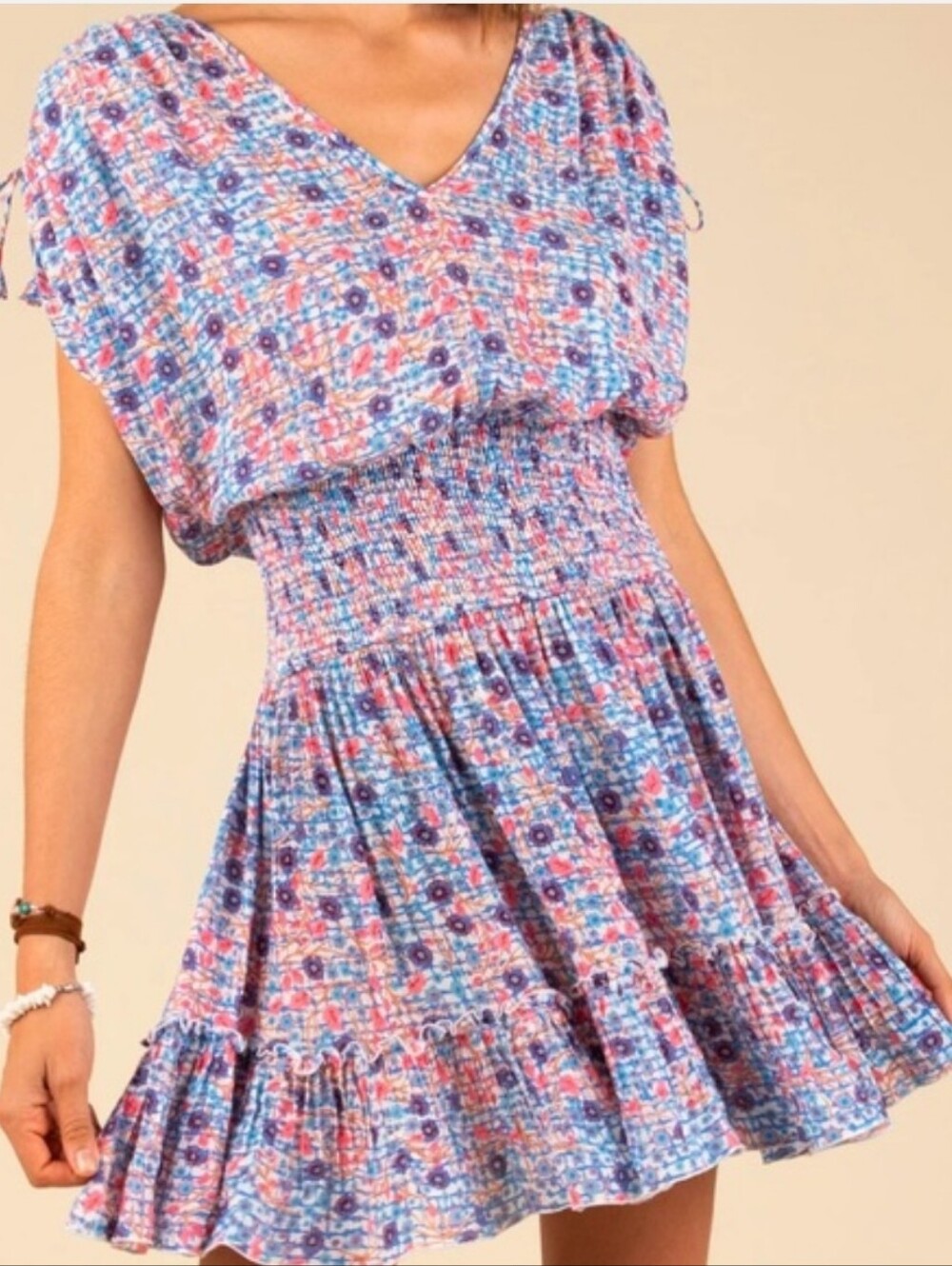 Poupette St Barth Floral Smocked WaistV-Neck Mini Dress